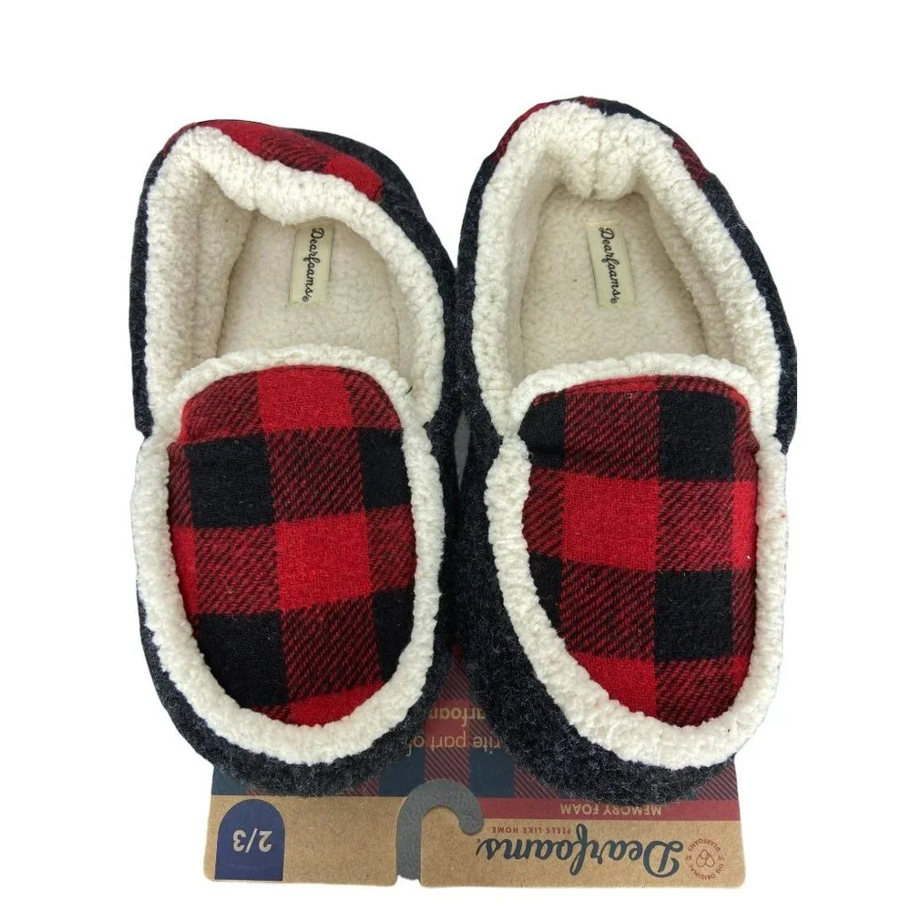 Dearfoams‎ Boys Girls Plaid Multi Fab Moccasins Slippers 2/3